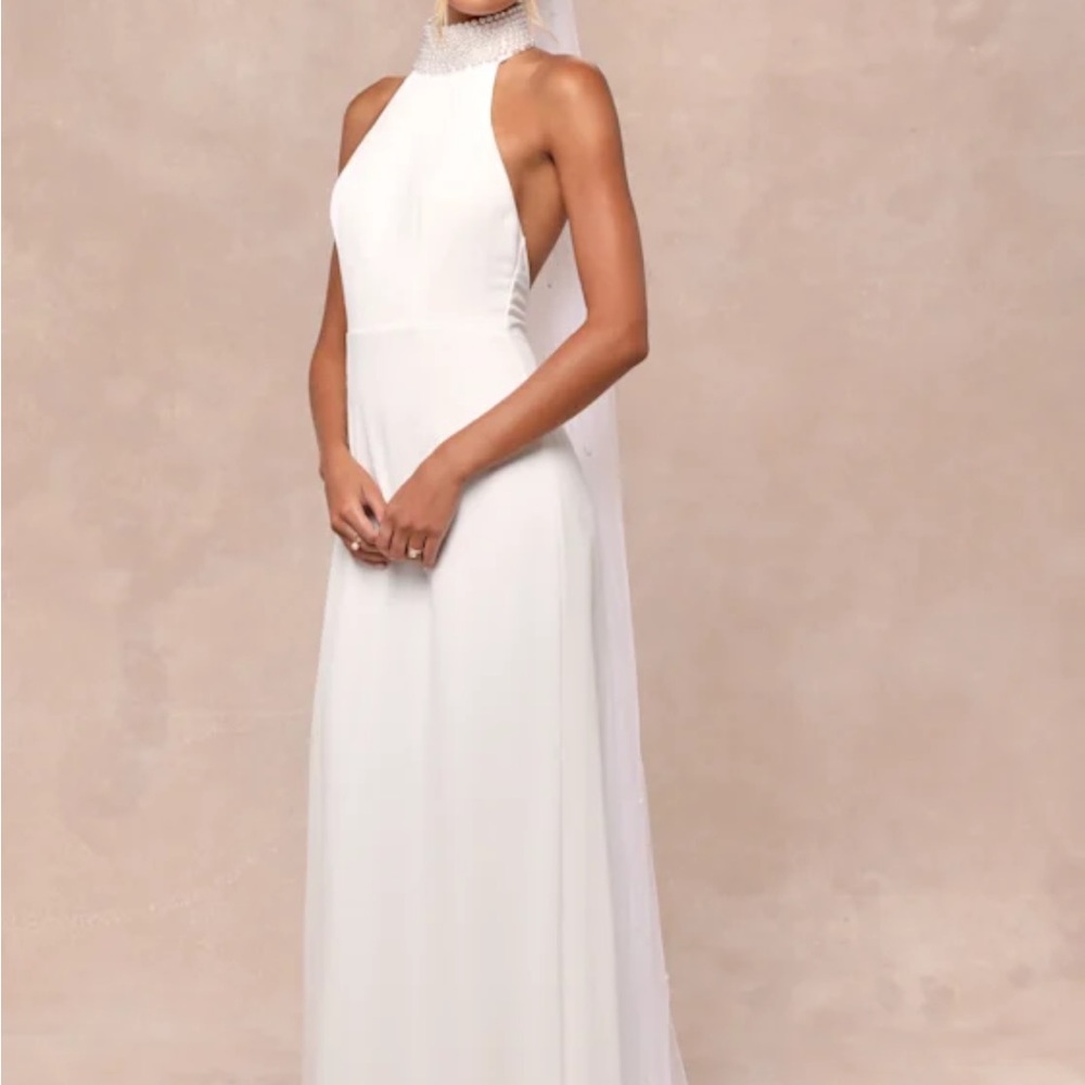 Lulu's Chic White Halter Wedding Dress